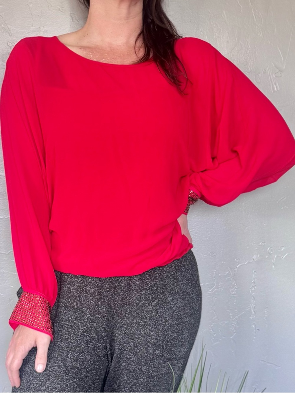 Iz Byer Vibrant Red Draped Long Sleeve Sheer Top w/Built in Tank & Beaded Cuff